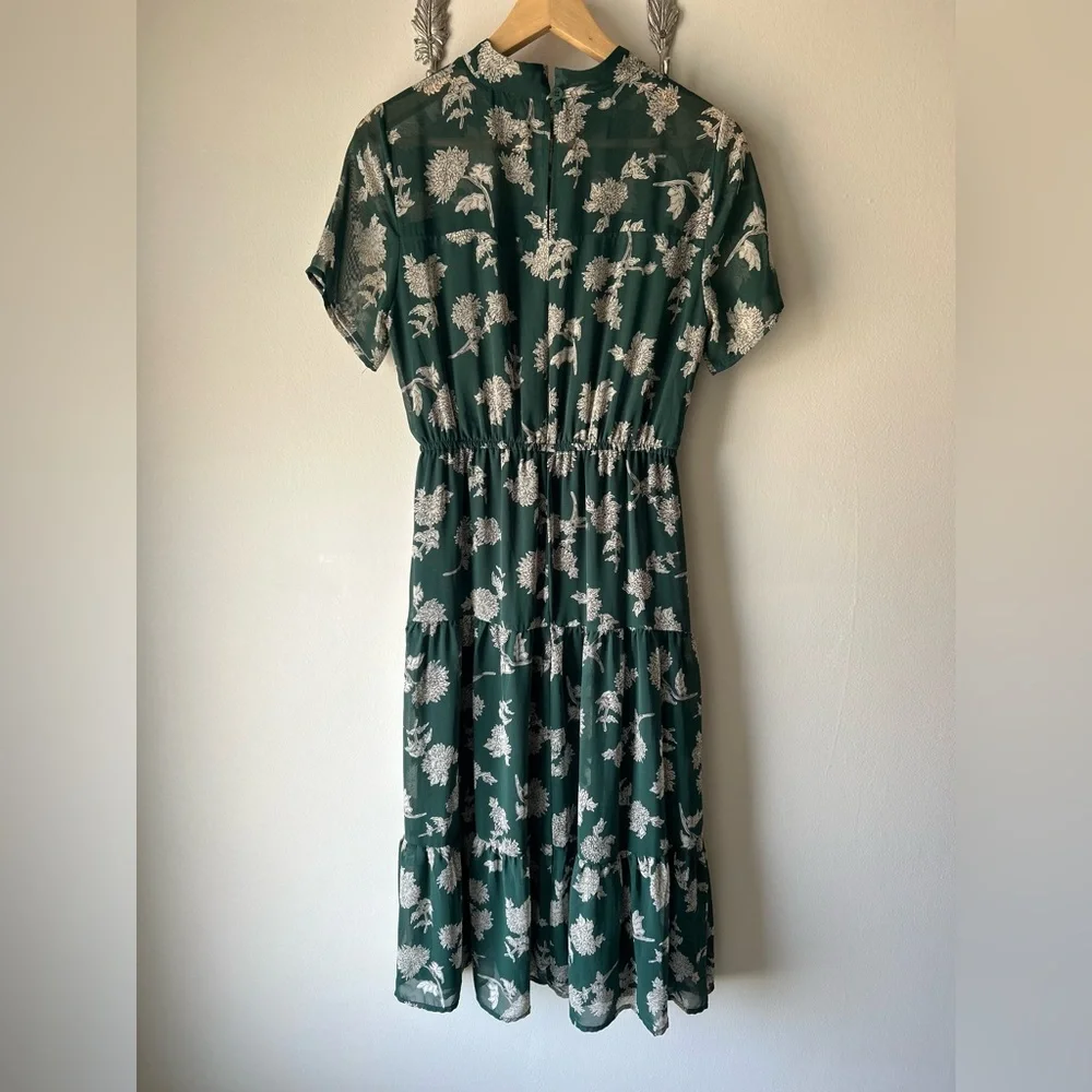 LULU’S Green White Floral Midi Dress | Sheer Sleeve | Mock Neck | Fit Flowy Glam - Picture 5 of 12
